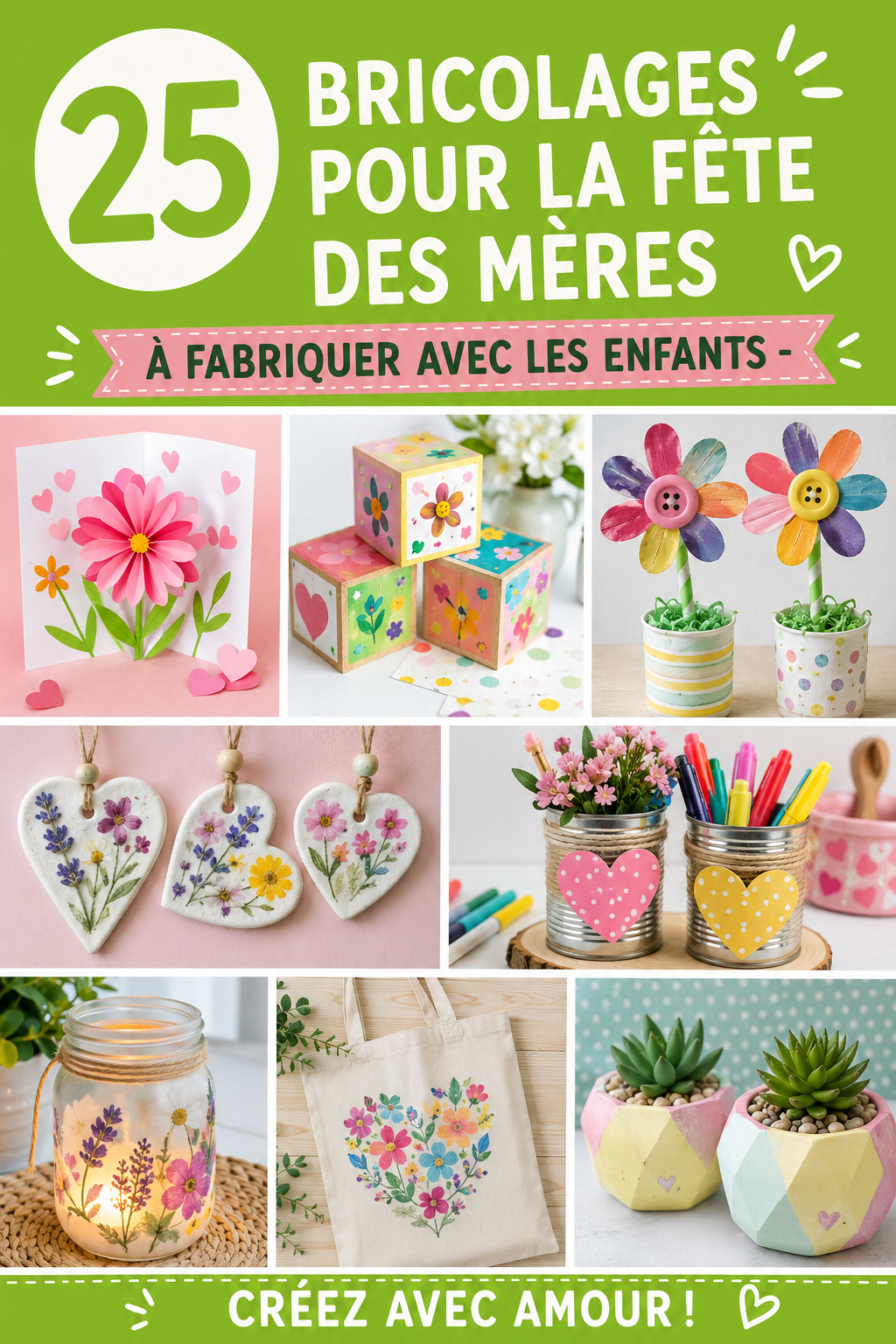 Bricolages colorés pour la fête des mères, réalisés par des enfants.