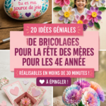 Bricolages de fête des mères réalisés par des enfants, incluant des fleurs en papier et des cartes personnalisées.