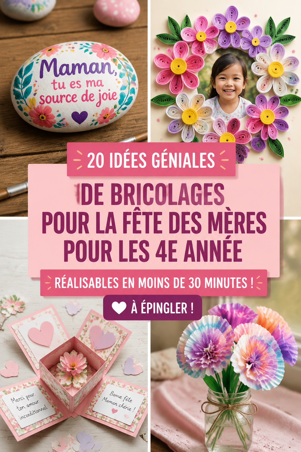 Bricolages de fête des mères réalisés par des enfants, incluant des fleurs en papier et des cartes personnalisées.