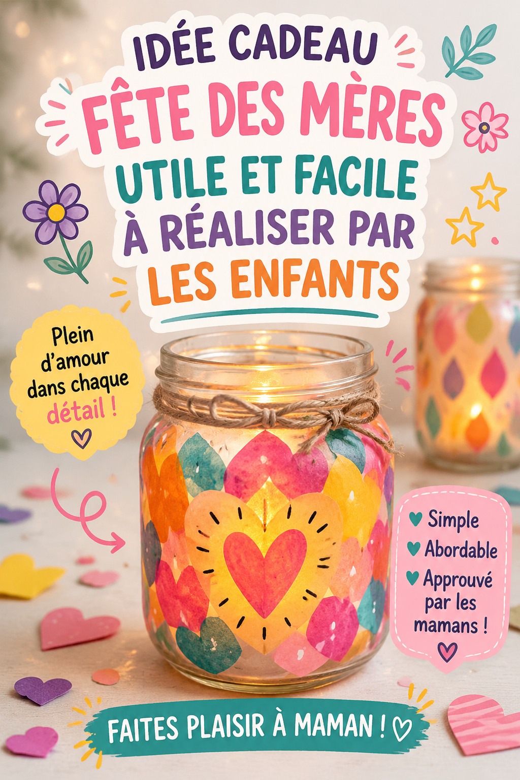 Un enfant et sa mère regardent un cadeau DIY fait main pour la fête des mères, souriant ensemble.