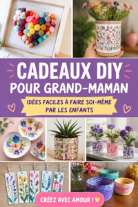 Un enfant réalisant un cadeau DIY pour sa grand-mère avec des matériaux variés.