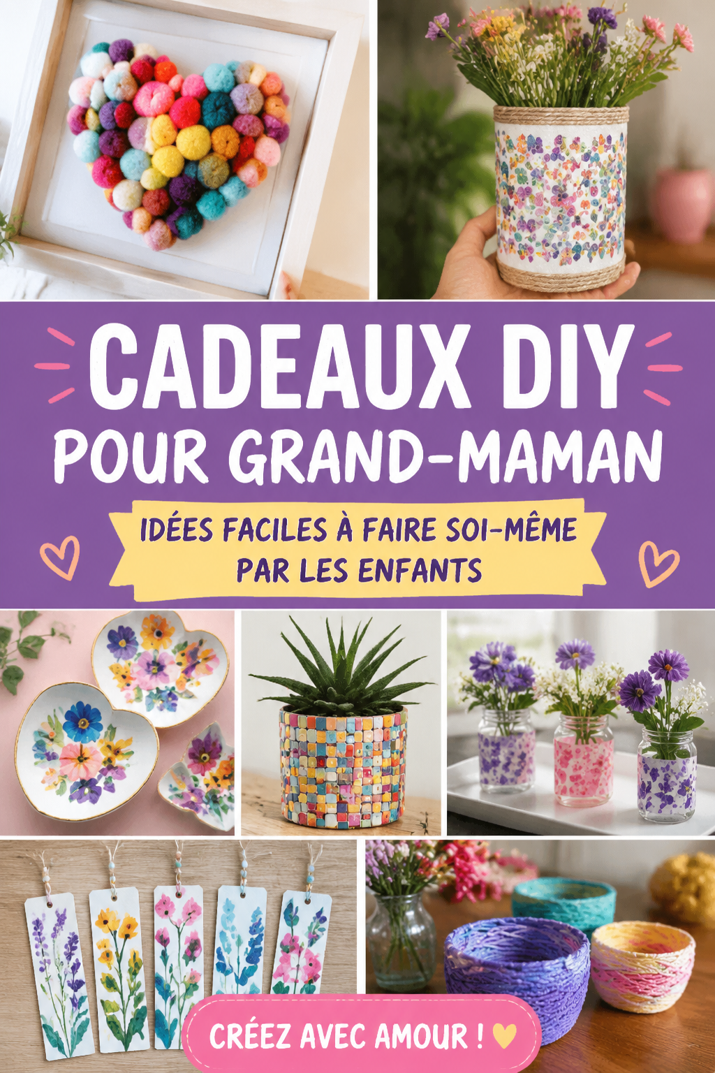 Un enfant réalisant un cadeau DIY pour sa grand-mère avec des matériaux variés.