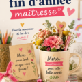 Idées de cadeaux pour la maîtresse à la fin de l'année scolaire, incluant des objets personnalisés et faits maison.