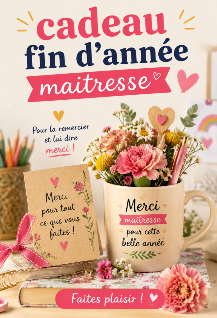 Idées de cadeaux pour la maîtresse à la fin de l'année scolaire, incluant des objets personnalisés et faits maison.
