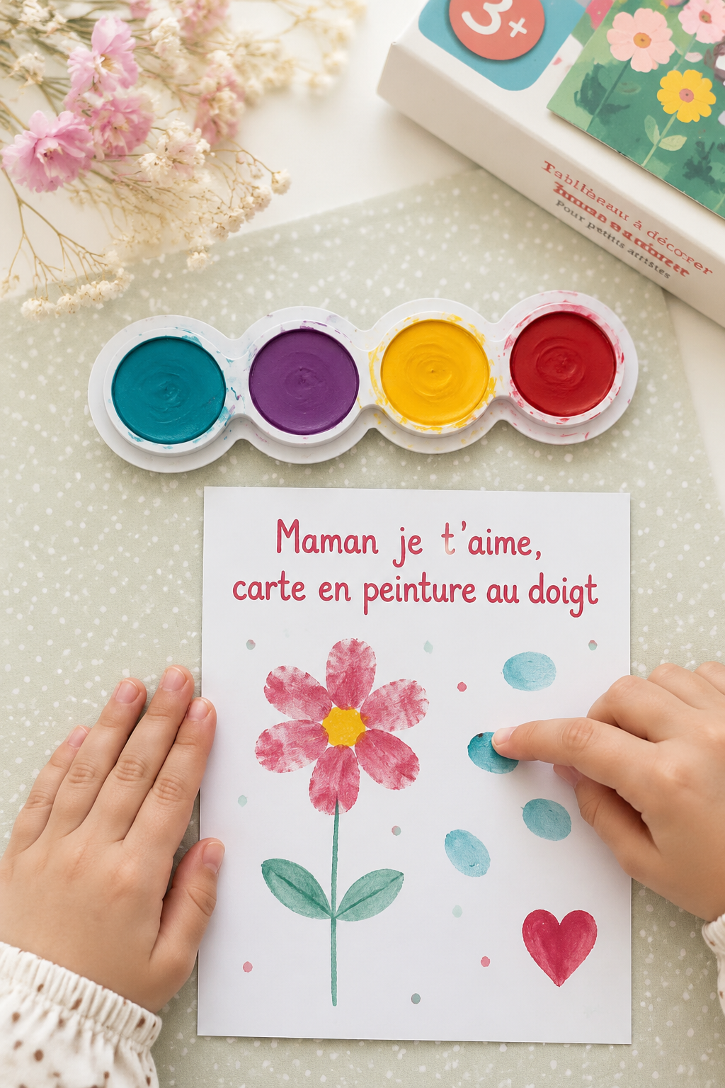 Une carte colorée faite main pour maman avec de la peinture au doigt.
