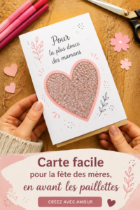 Une carte colorée en paillettes pour la fête des mères, placée sur une table en bois.