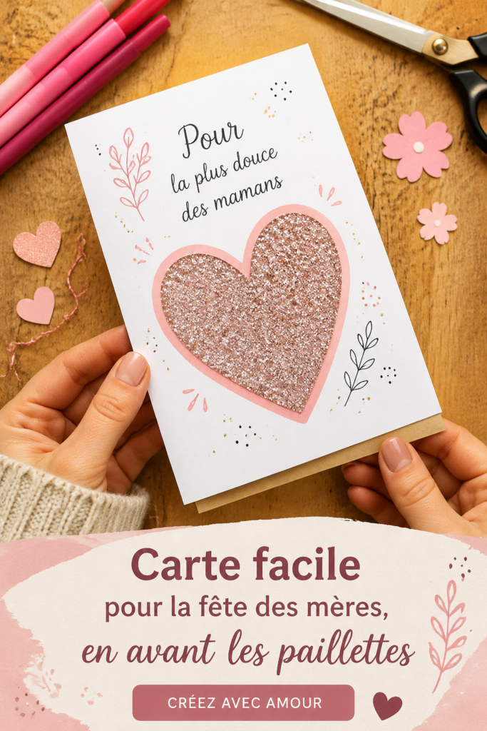 Une carte colorée en paillettes pour la fête des mères, placée sur une table en bois.