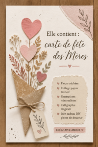 Carte de fête des mères artisanale avec fleurs séchées et calligraphie élégante.