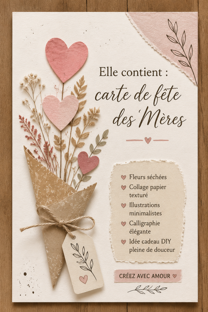 Carte de fête des mères artisanale avec fleurs séchées et calligraphie élégante.