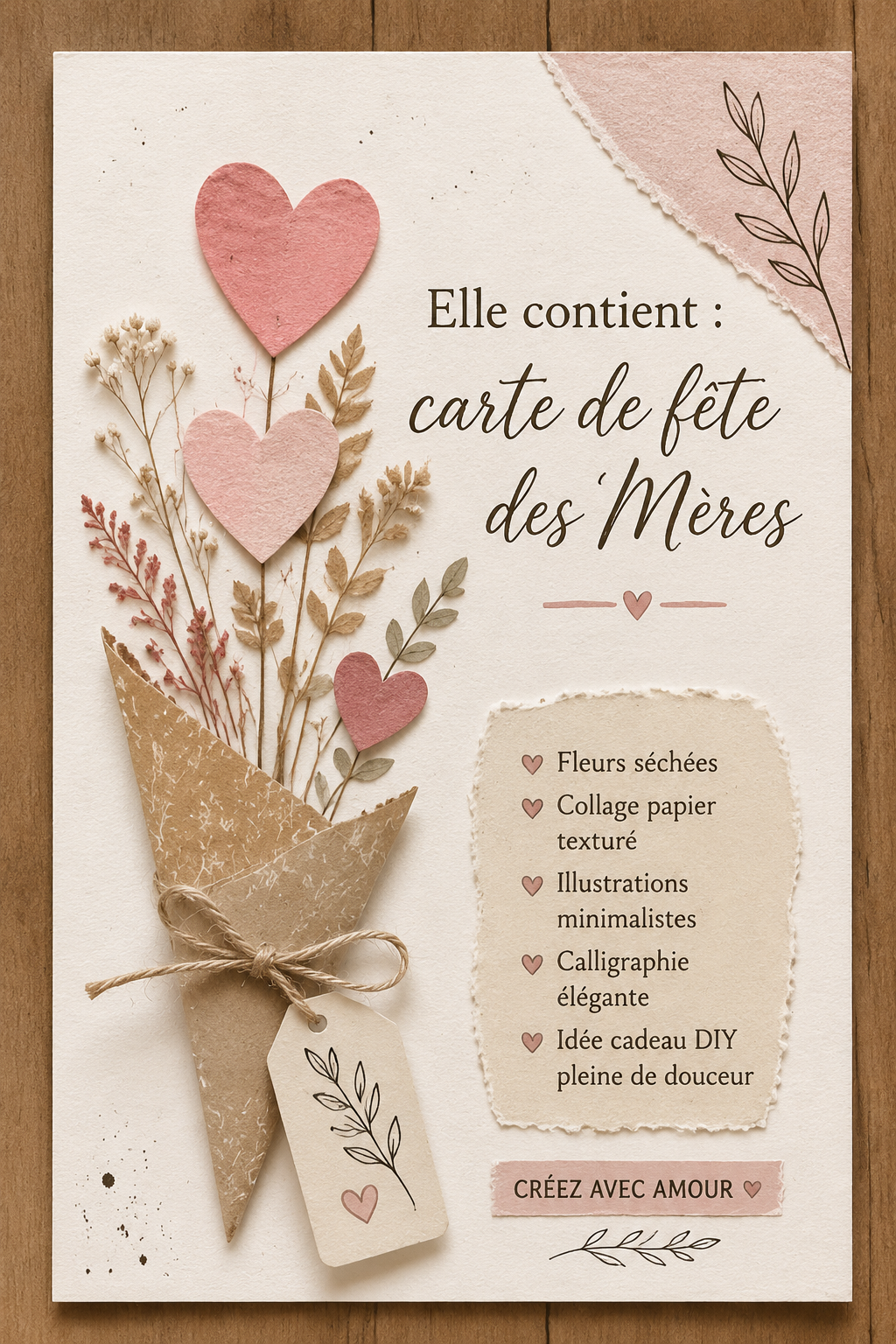 Carte de fête des mères artisanale avec fleurs séchées et calligraphie élégante.