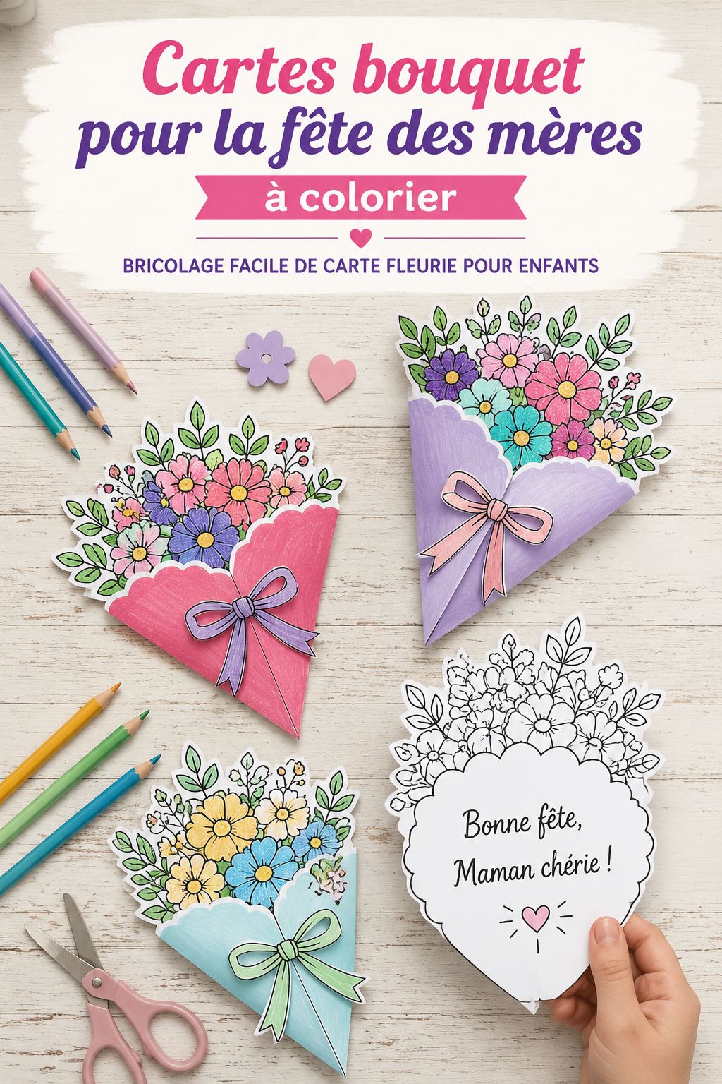 Une carte à colorier pour la fête des mères avec des dessins floraux colorés.