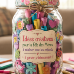 Bricolages colorés de fête des mères réalisés par des enfants avec des matériaux simples.