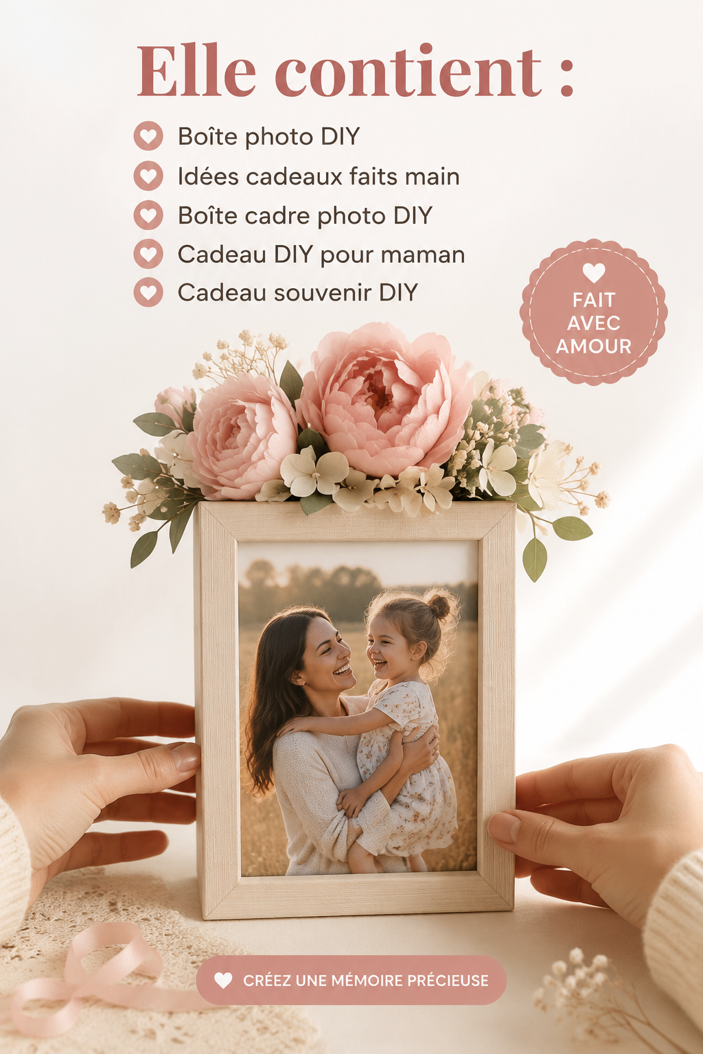 Boîte à photos DIY décorée avec des souvenirs de famille pour un cadeau personnalisé.