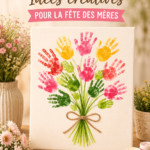 Toiles créatives réalisées pour la fête des mères, exposées sur une table.