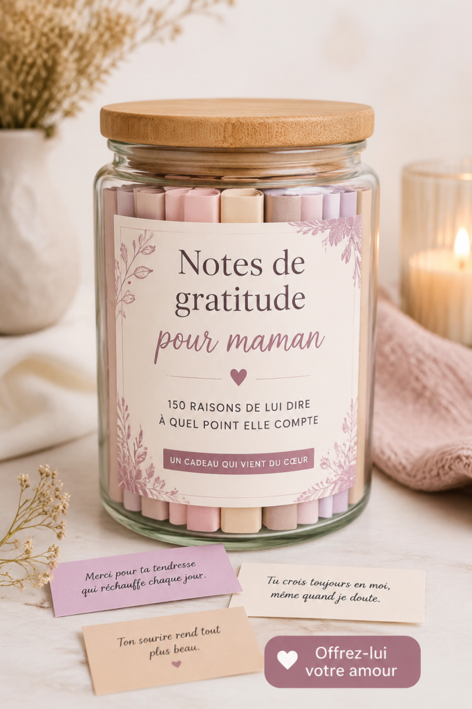 Jarre de gratitude décorée avec des notes colorées pour la maman