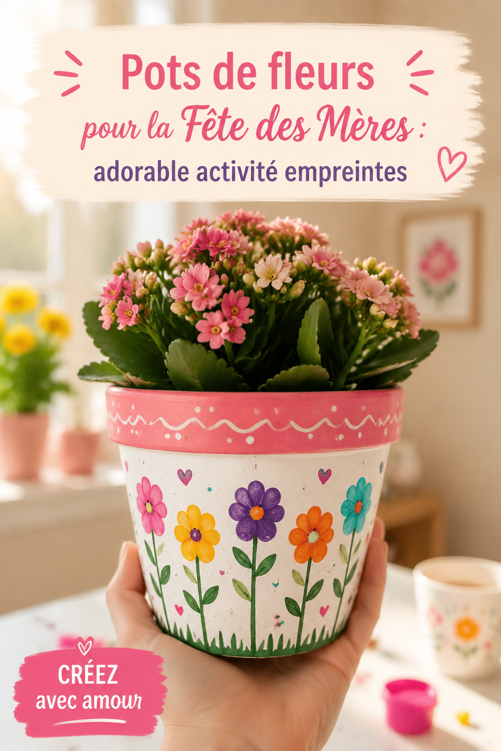 Un pot de fleurs décoré avec des empreintes de doigts colorées, parfait pour un cadeau de fête des mères.