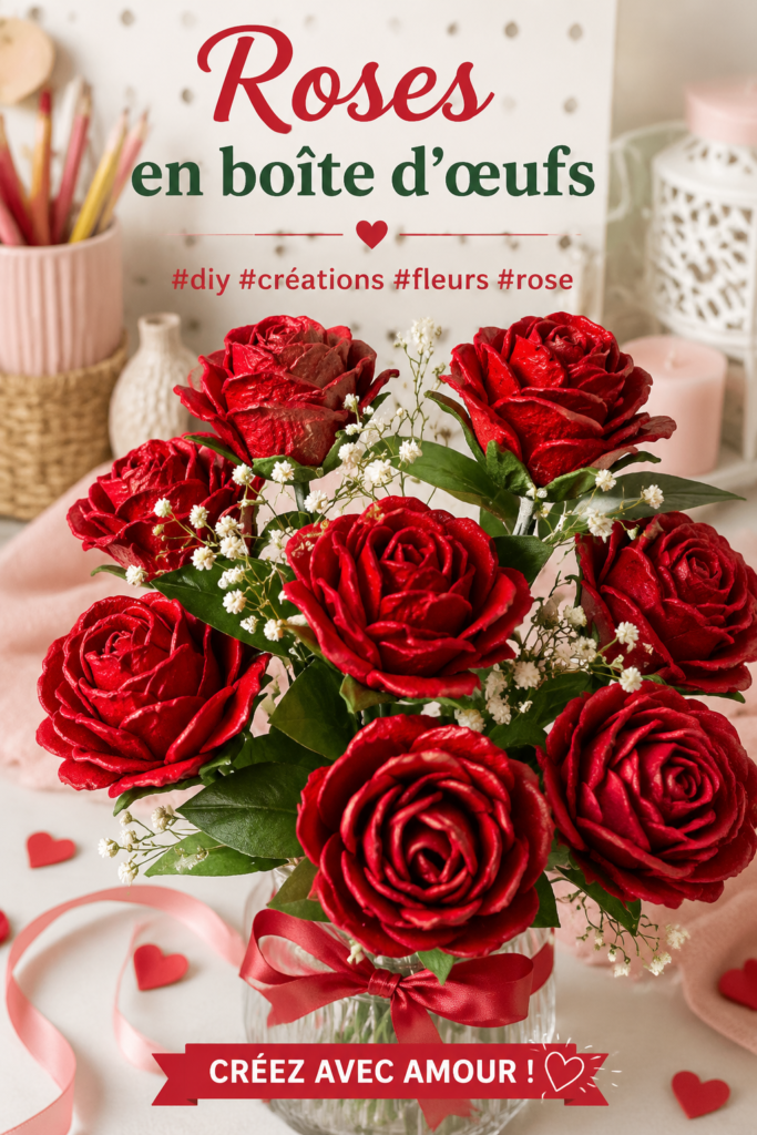 Un assortiment de roses colorées fabriquées à partir de plateaux à œufs, montrant leur beauté et leur originalité.