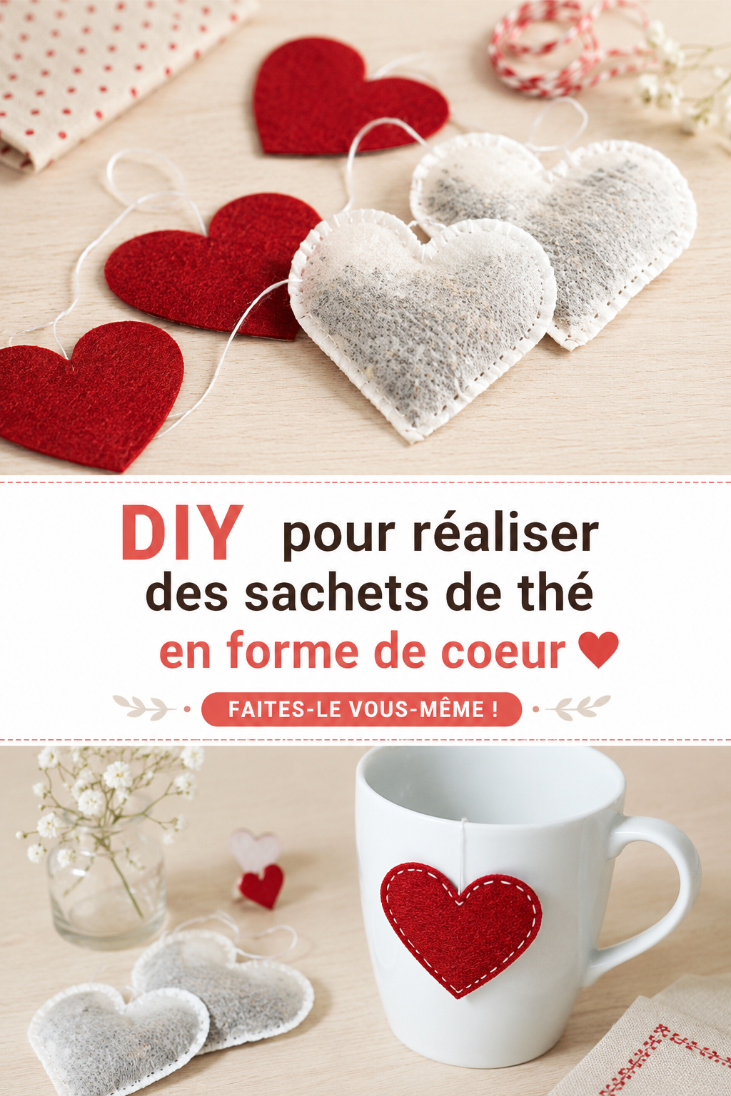 Sachets de thé en forme de cœur présentés sur une table élégante