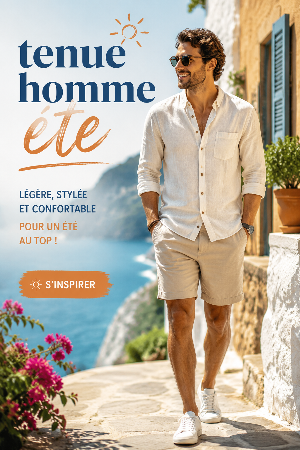 Homme portant une tenue légère d'été avec un chapeau et des lunettes de soleil.