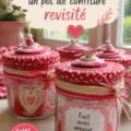 Un pot de confiture décoré avec des fleurs sèches et un ruban sur une table élégante.