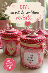 Un pot de confiture décoré avec des fleurs sèches et un ruban sur une table élégante.