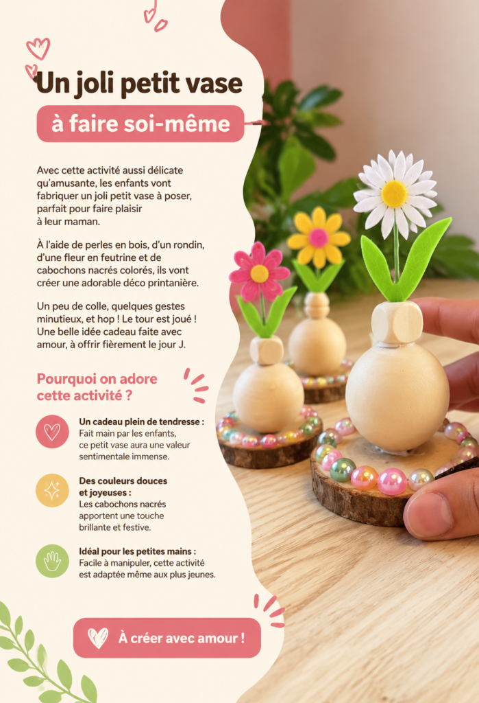 Vase fait main en bois décoré de perles et de fleurs en feutrine, parfait pour offrir à maman.