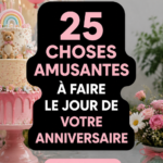 Des amis célébrant un anniversaire avec des ballons et un gâteau, illustrant des idées d'anniversaire amusantes.