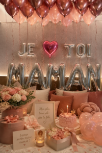 Une magnifique table décorée pour célébrer l'anniversaire d'une maman avec des fleurs et des bougies.