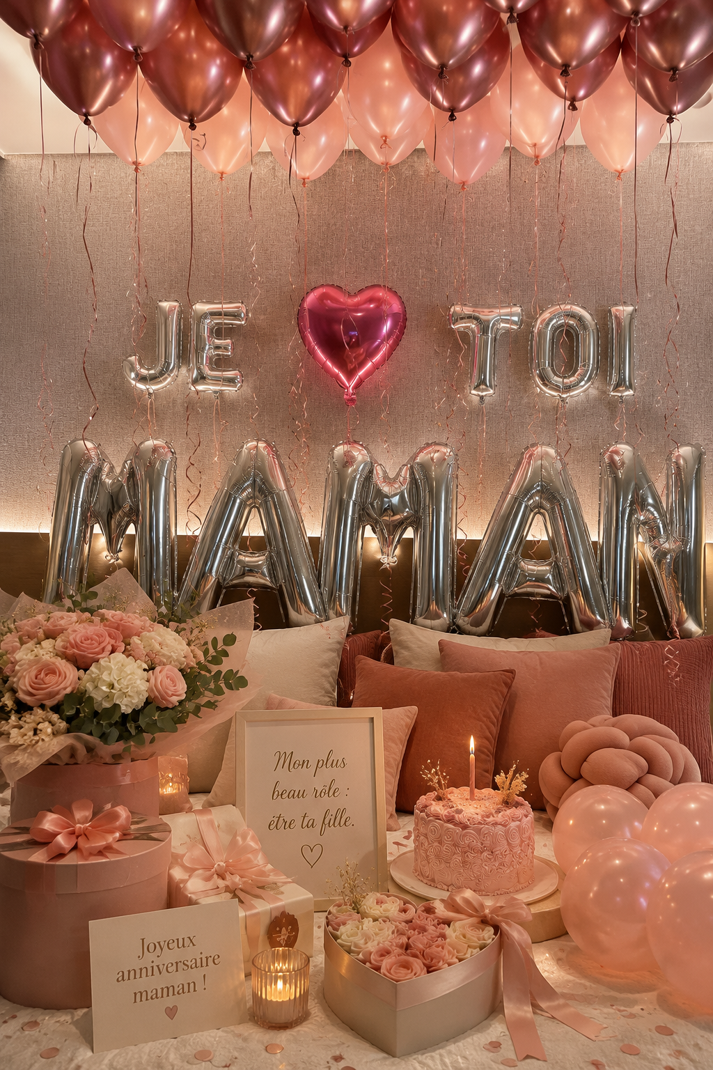 Une magnifique table décorée pour célébrer l'anniversaire d'une maman avec des fleurs et des bougies.