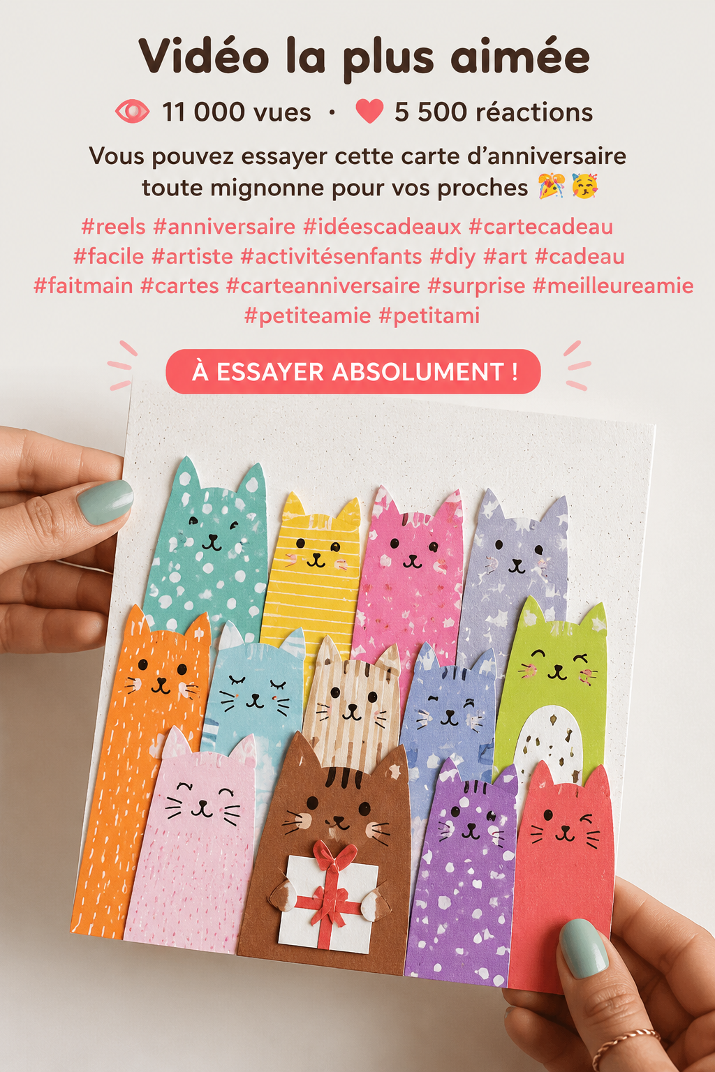 Carte d'anniversaire faite main avec des couleurs vives et des motifs créatifs.