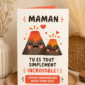 Carte d'anniversaire mignonne avec un motif de volcan amusant pour célébrer une mère