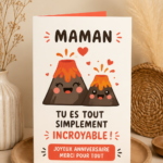 Carte d'anniversaire mignonne avec un motif de volcan amusant pour célébrer une mère