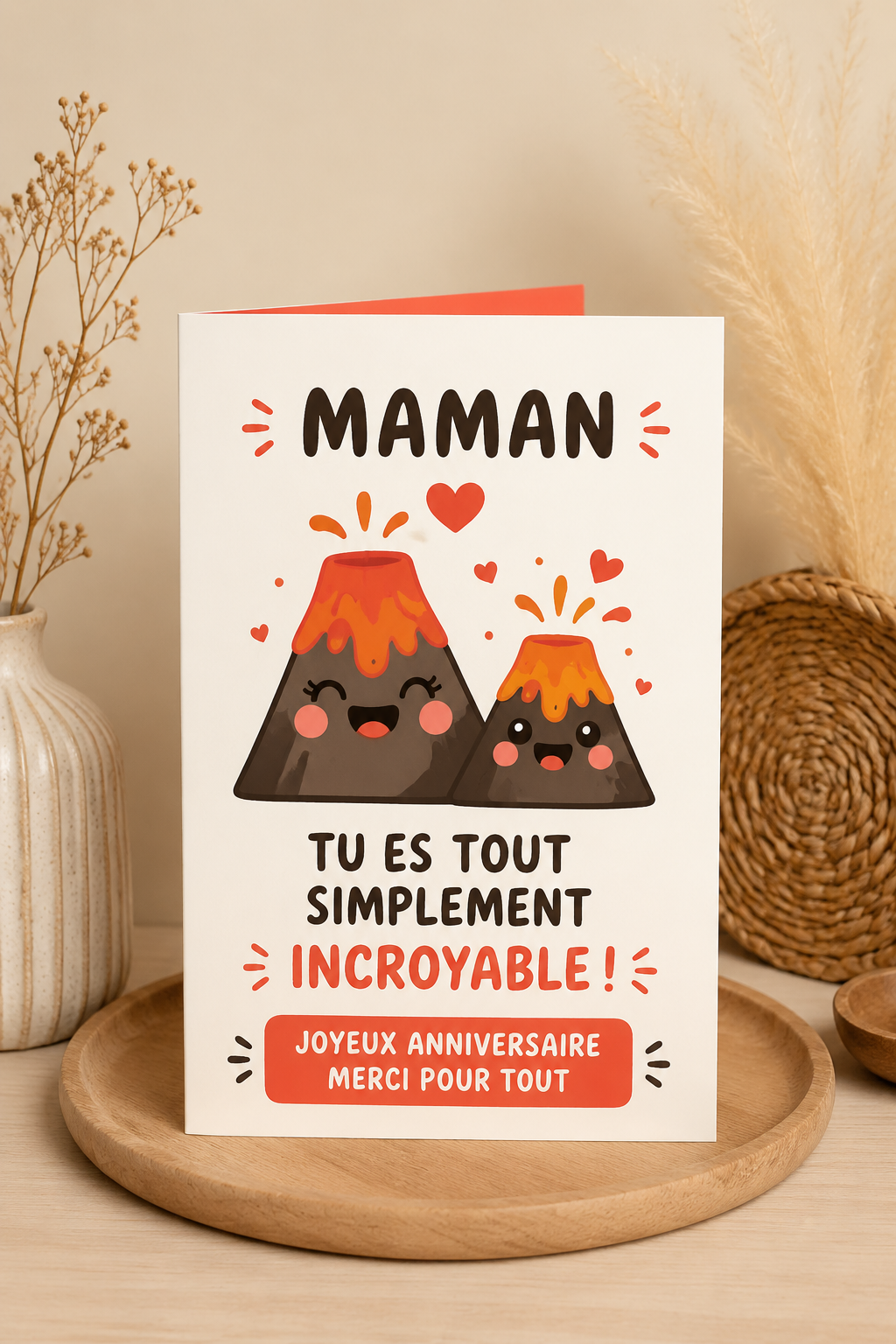 Carte d'anniversaire mignonne avec un motif de volcan amusant pour célébrer une mère