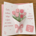 Carte-cadeau en papier en forme de tulipe, réalisée à la main.
