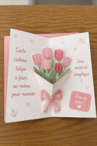 Carte-cadeau en papier en forme de tulipe, réalisée à la main.