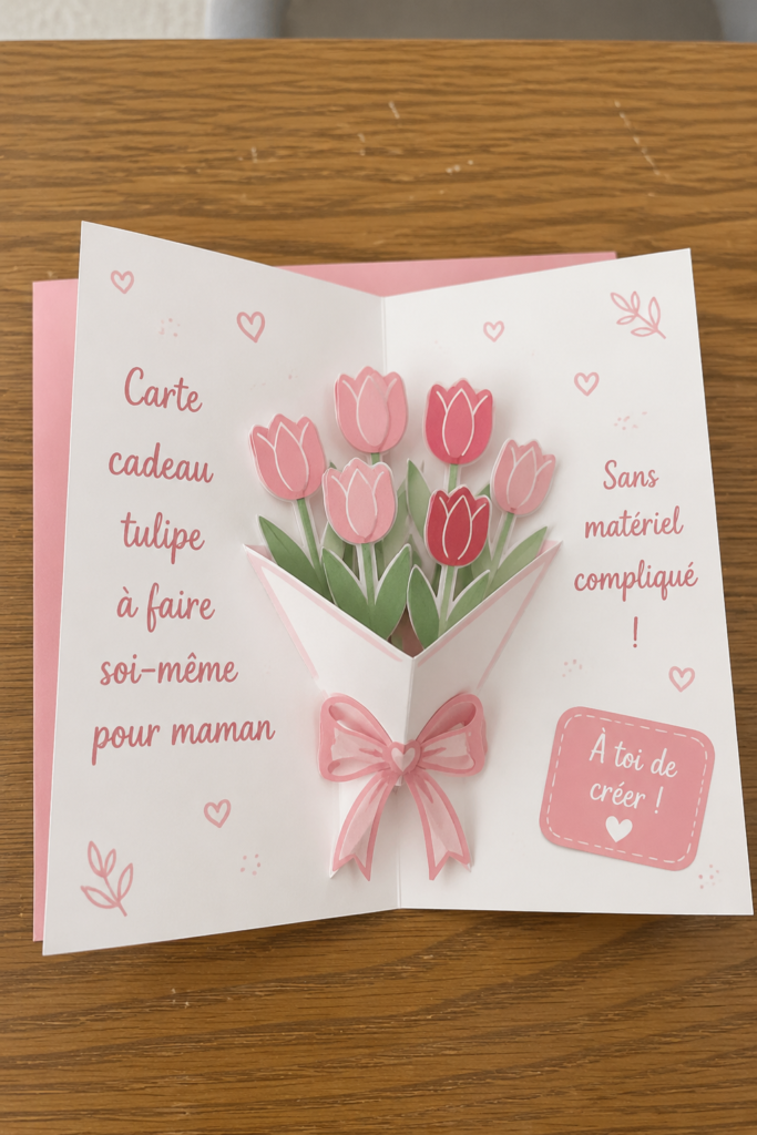 Carte-cadeau en papier en forme de tulipe, réalisée à la main.