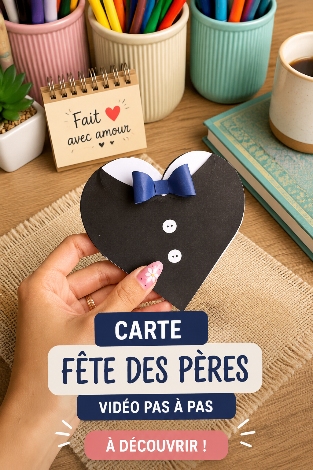 Une carte vidéo colorée pour la fête des pères, affichant des photos et un message personnalisé.