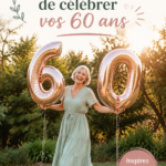 Table décorée pour un 60e anniversaire avec des ballons et des photos souvenirs.