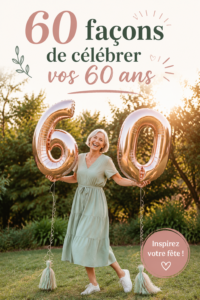 Table décorée pour un 60e anniversaire avec des ballons et des photos souvenirs.