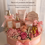 Coffret cadeau de luxe avec fleurs et produits de beauté élégants