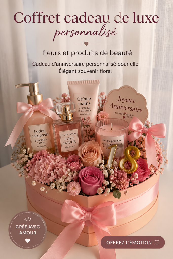 Coffret cadeau de luxe avec fleurs et produits de beauté élégants