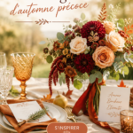 Palette de couleurs automnales pour un mariage, incluant des tons de bordeaux et d'or.