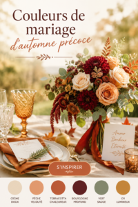 Palette de couleurs automnales pour un mariage, incluant des tons de bordeaux et d'or.