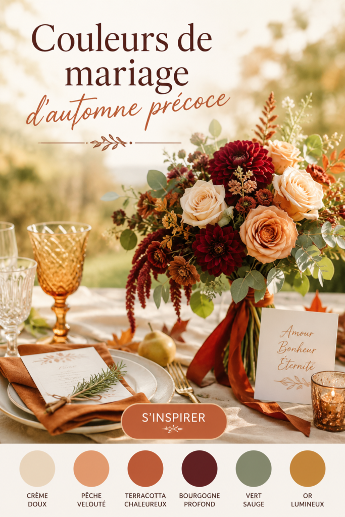 Palette de couleurs automnales pour un mariage, incluant des tons de bordeaux et d'or.