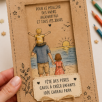 Une carte artisanale colorée pour la fête des pères réalisée par des enfants, sur un fond festif.