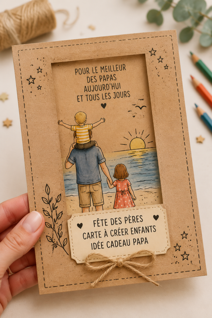 Une carte artisanale colorée pour la fête des pères réalisée par des enfants, sur un fond festif.