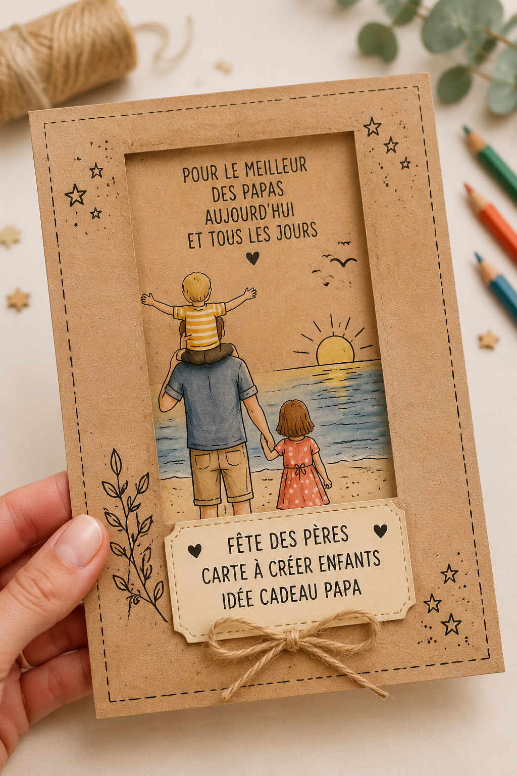 Une carte artisanale colorée pour la fête des pères réalisée par des enfants, sur un fond festif.