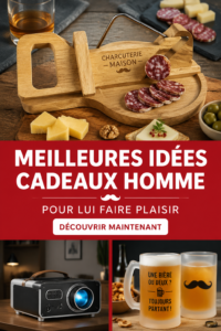 Idées de cadeaux pour hommes avec divers objets et accessoires.