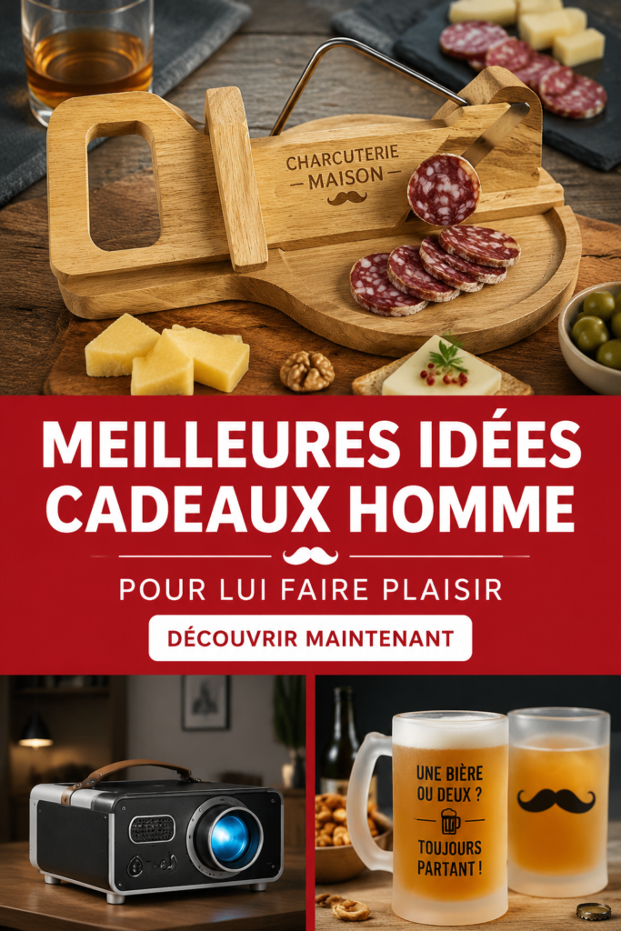 Idées de cadeaux pour hommes avec divers objets et accessoires.