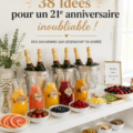 Illustration d'une fête de 21e anniversaire animée, avec des décorations colorées et des invités s'amusant.